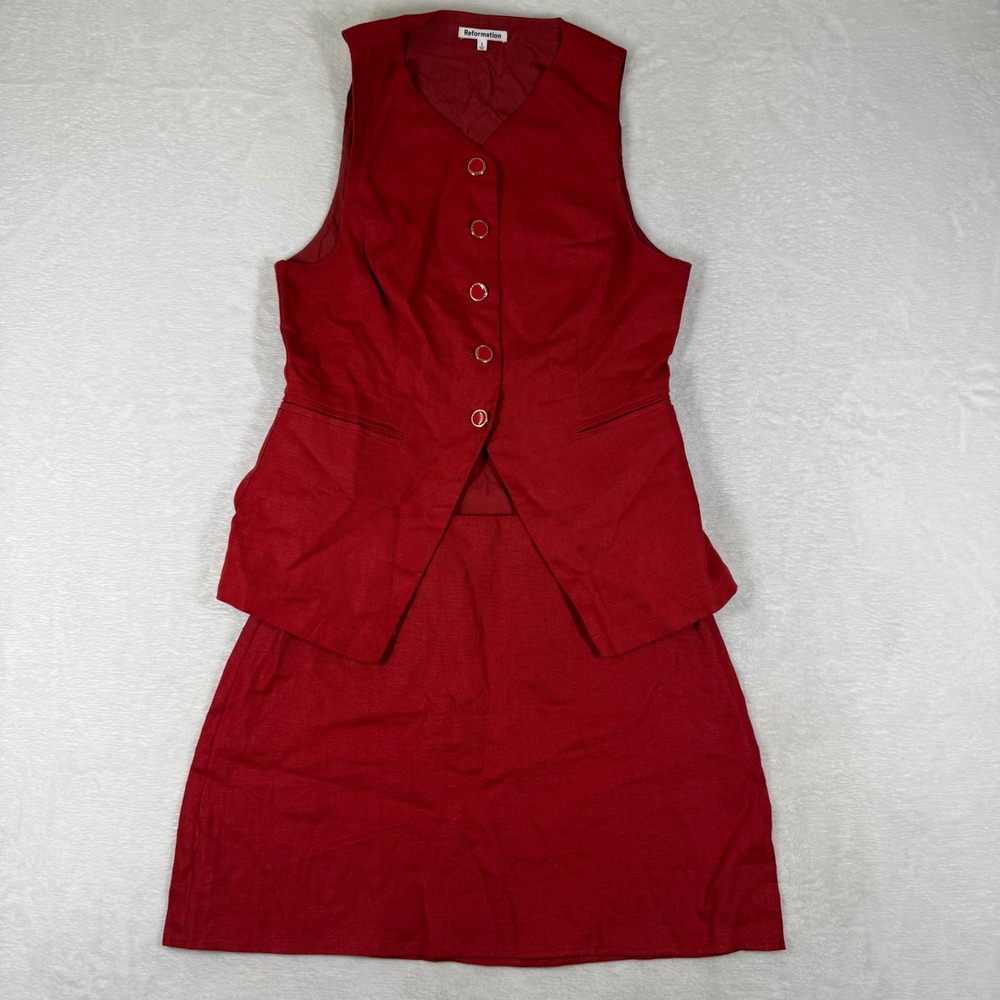 Reformation Red Linen Two Piece Vest and Skirt Set Size 2 Gold Buttons